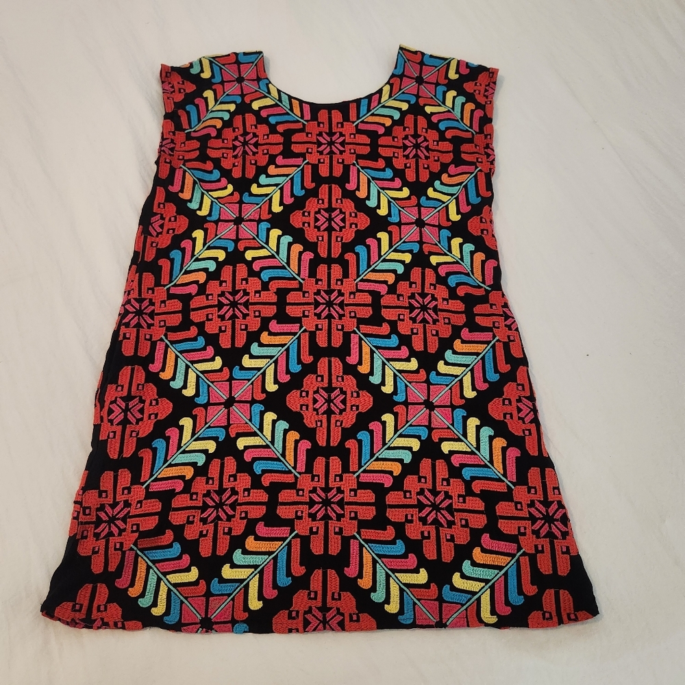 J.Marie Embroidered Shift Dress Vacation Resortwear Bright Mexico Geometric Sz S - Picture 11 of 12